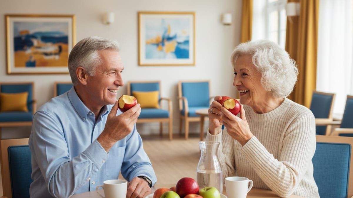 Confident senior smiling while eating with friends